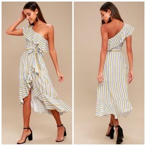 Lulus High Tide Yellow Striped One Shoulder Midi Dress Size Small